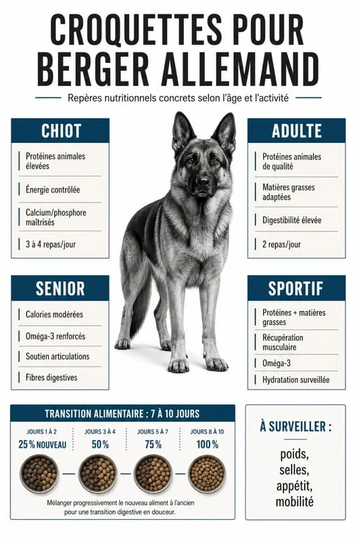Croquettes berger allemand : infographie des critères de choix par âge et activité